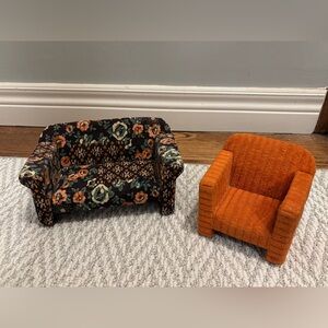 Doll furniture. Floral sofa and Orange chair